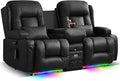 TUNYI Power Loveseat Recliner Sofa Faux Leather Reclining Sofa with Console RV Reclining Loveseat Couch with USB/Outlet/Storage/Side Pocket/LED Light/Speaker (Black Loveseat)