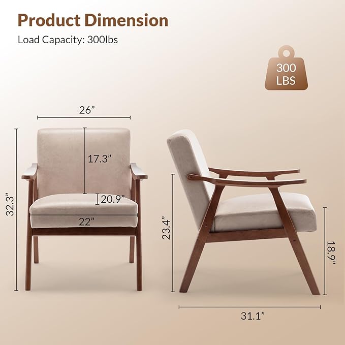 Rovibek Upholstered Accent Chair with Arms - Mid Century Modern Accent Chairs with Wood Frame Upholstered Arm Chairs with 5.9in Thick Foam Beige Occasional Chair Set of 2