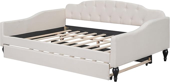 MERITLINE Upholstered Full Size Daybed Frame with Twin Size Trundle Modern Linen Button Tufted Daybed Wooden Full Sofa Daybed Frame for Living Room Bedroom No Box Spring Needed Beige