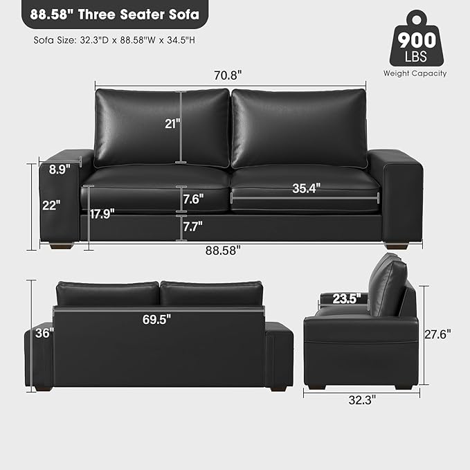 Faux Leather Couch Mid Century Modern Comfy Loveseat Sofa with Wide Arm Side Pockets Solid Wooden Frame for Office Living Room and Bedroom 3 Seater (Black 88.58 inches)