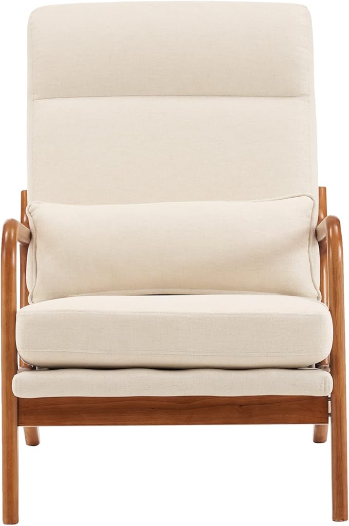 Mid-Century Modern Accent Chair with CushionHigh Back Solid Wood Armrest Chairs Backrest Linen Fabric Indoor Leisure Chair for Living RoomBedroomReadingBalcony (Beige)