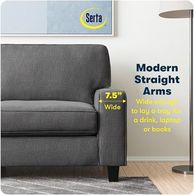 Pemberly Row Modern 73 Track Arm Sofa Removable Covers Polyester Upholstery Gray Finish Compact Design for Living Room or Home Office Solid Wood Frame High-Density Foam Cushions