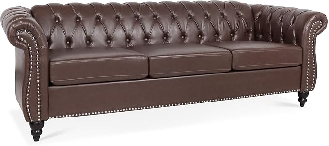 GDFStudio 85 Tufted Button Chesterfield Sofa with Deep Seat Cushions Rolled Arms &amp Gold Accent Strip 3-Seater Midcentury Modern Sofa for Living Room Classic Couch Furniture Dark Brown + PU