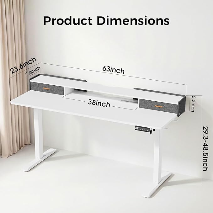Electric Standing Desk with Drawers 63 Inch Height Adjustable Desk with Power Outlets &amp LED Lights Sit Stand Table with Monitor Stand for Home Office White