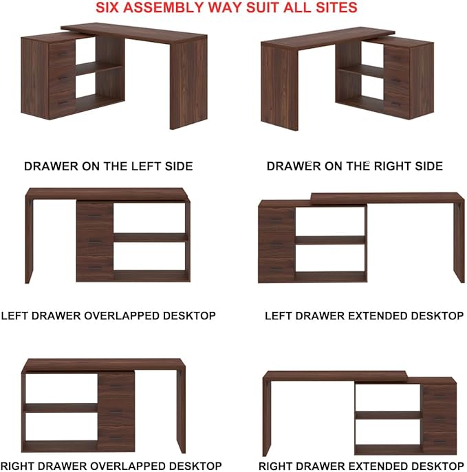 HSH Walnut Home Office Desk L Shaped with Drawers Reversible Wood Computer Desk Table for Executive Work Writing Study Gaming Rustic Corner L Desk with Storage Cabinet Shelves for Bedroom 55 Inch