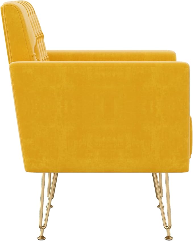 Olela Velvet Accent Chair with Arm for Living RoomModern Armchair Single Sofa Cozy Tufted Upholstered Reading Side Chairs with Gold Metal Leg for Bedroom Decorate(1 Mustard Yellow)