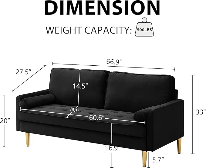 65'’ Velvet Upholstered Loveseat Sofa with Gold Metal Legs Modern Tufted Backrest Couch Solid Wood Frame for Living Room BedroomApartmentOfficeSmall Space (Black)