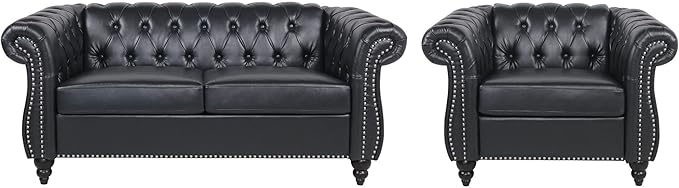 RARZOE 2 Pieces of Living Room Furniture Sofa SetsModern Contemporary Tufted Button Faux Leather Accent Club Chair&ampChesterfield Loveseat Sofas Set with Nailhead Trim Scroll Arms for HomeBlack