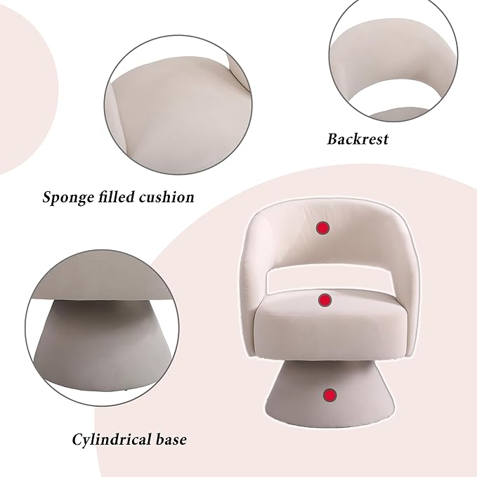 Velvet Swivel Accent Chair Armchair 21.7” Wide Seat Modern Round Barrel Chair in Fabric for Bedroom Reading Waiting Living Room Beige