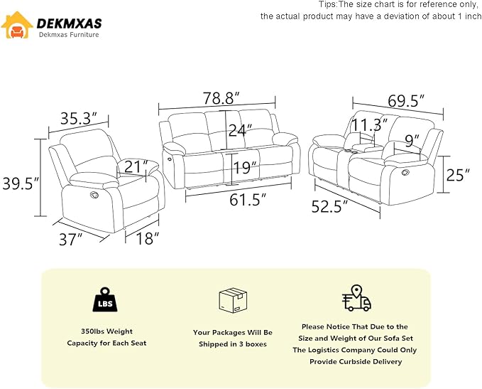 3 Seater Recliner Sofa Couch Modern Manual Reclining Sofa Fabric Reclining Sofa Living Room Couch with Dual Cup Holders and Drop Down Table for Living Room/Office/Rv Car (Blue 3 Seater Sofa)