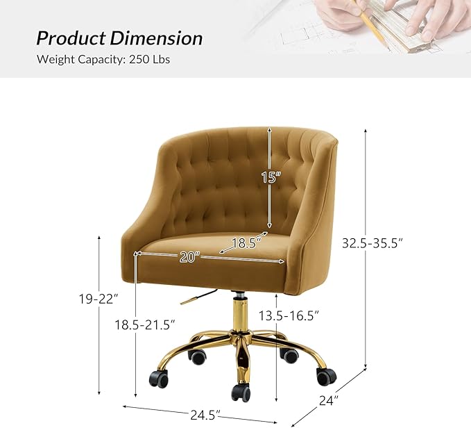 TINA'S HOME Velvet Home Office Chair with Gold Base Comfortable Modern Cute Desk Chair Adjustable Swivel Task Chair for Living Room Bedroom Vanity Study Golden