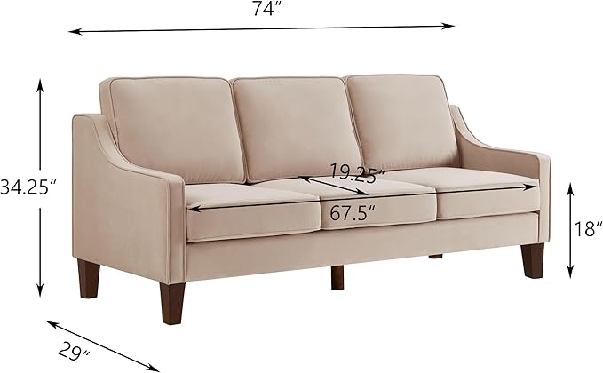 Modern 3 Seat Sofa Velvet Upholstered Cloud Couch with Extra Deep Seat Thick Removable Cushion &amp Wooden Legs Comfy Couches for Living Room Bedroom Small Space Taupe