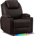 AHMED Power Recliner Chair with Vibration Massage &amp Heat for Adults Faux Leather Home Theater Seating with Cup Holders/LED Lights/USB Ports/Side Pockets for Living Room Brown