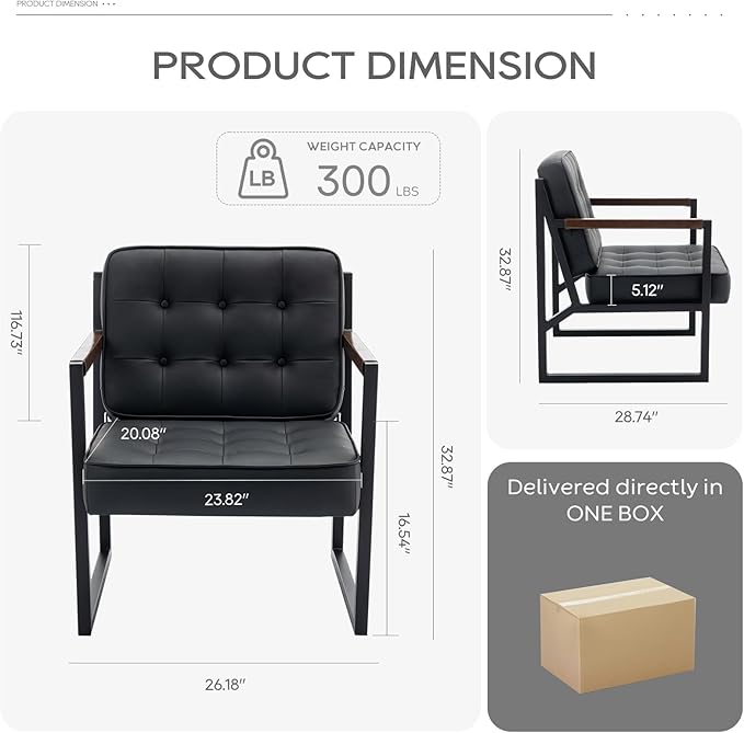 COLAMY Mid Century Modern Accent Chair Set of 2 Comfy Living Room Chair Black Leather Accent Chair Faux Leather Reception Armchair with Metal Legs for Living Room Bedroom Reception Office Black