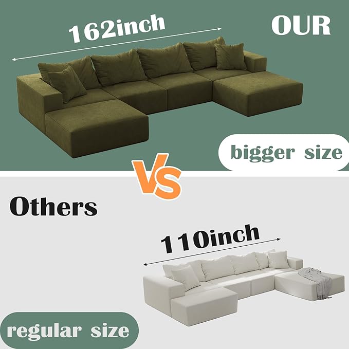 197” Modular L-Shaped Sectional Sofa Cloud Chenille Couch with 6 Pillows No-Assembly Customizable Sofa for Living Room &amp Bedroom Green