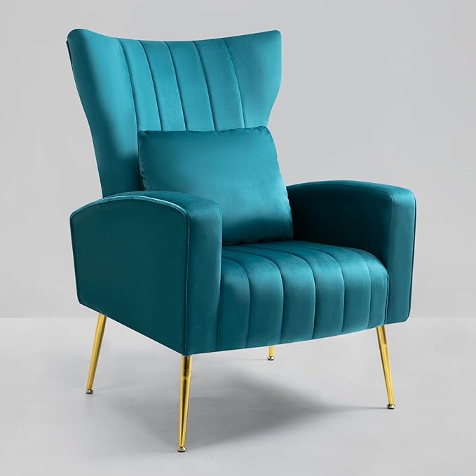 Velvet Accent Chair for Living Room Bedroom Modern Arm Chair with Wingback &amp Gold Metal Legs Lumbar Pillow Included Dark Teal