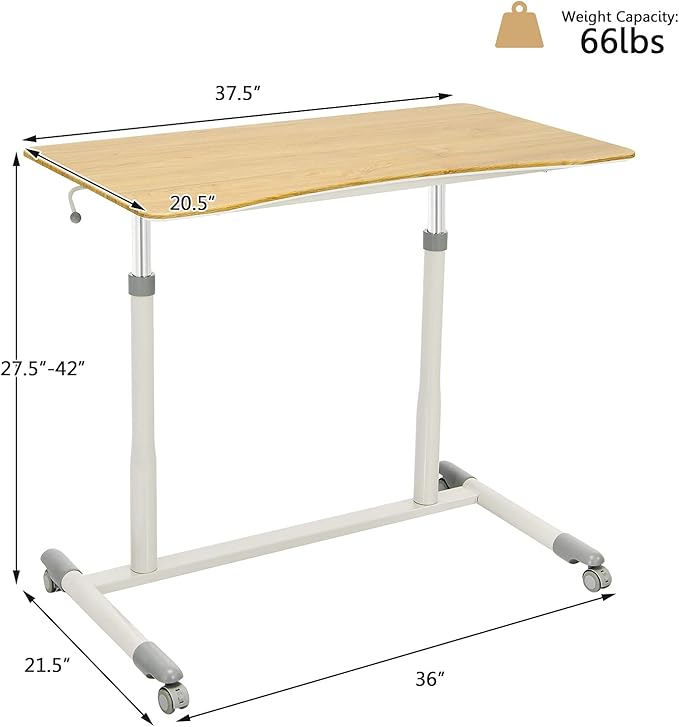 Tangkula Mobile Standing Desk Computer Desk Height Adjustable Stand Up Table with 4 Wheels Rolling Compact Standing Desk with Steel Frame MDF PVC Tabletop Ideal for Home Office (Natural)