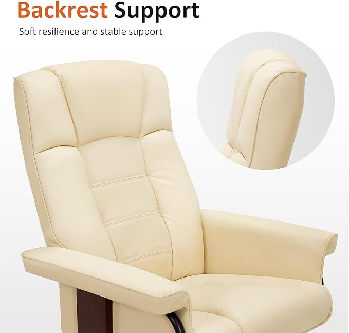 MCombo Manual Swivel Recliner with Ottoman Chair Ottoman Set for RV Small Spaces Living Room Bedroom Office 9019 4919 (Faux Leather Cream White)