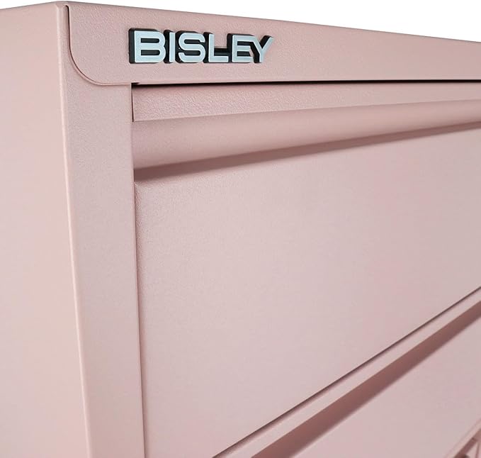 Bisley 3-Drawer Flush Front Vertical File Cabinet - Palest Pink 2 Utility Drawers + 1 Hanging File Drawer Powder-Coated Steel Locking Bottom Drawer