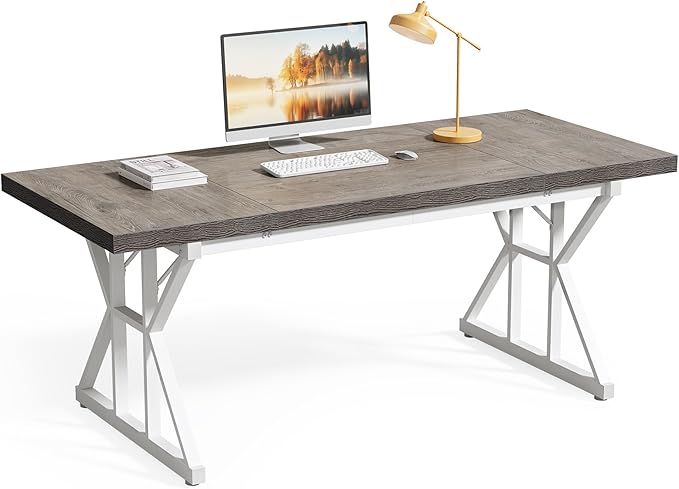 LITTLE TREE 70.8-Inch Large Executive Desk Modern Computer Office Desk Wooden Writing Desk Study Table for Home Office Grey-White