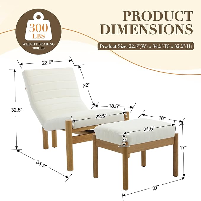 Upholstered Linen Accent Chair and Ottoman Set Modern Living Room Chair with Reclining Backrest and Footstool Small Reading Chairs for Living Room Bedroom Beige