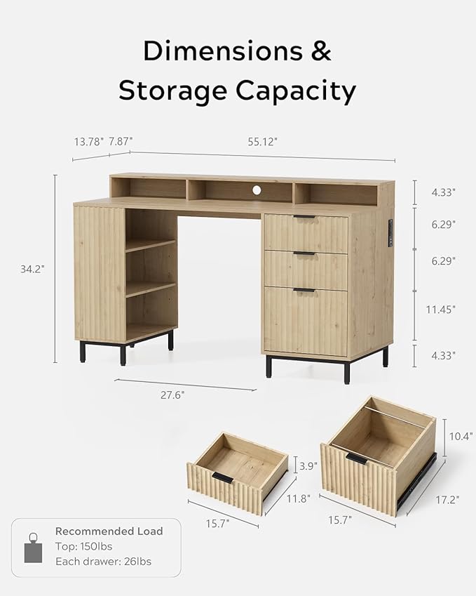 55 Fluted Executive Desk with Charging Station Modern Wood Home Office Desk with with Storage Shelf &amp File Drawer Writing Study Computer Table for Work Study Light Oak