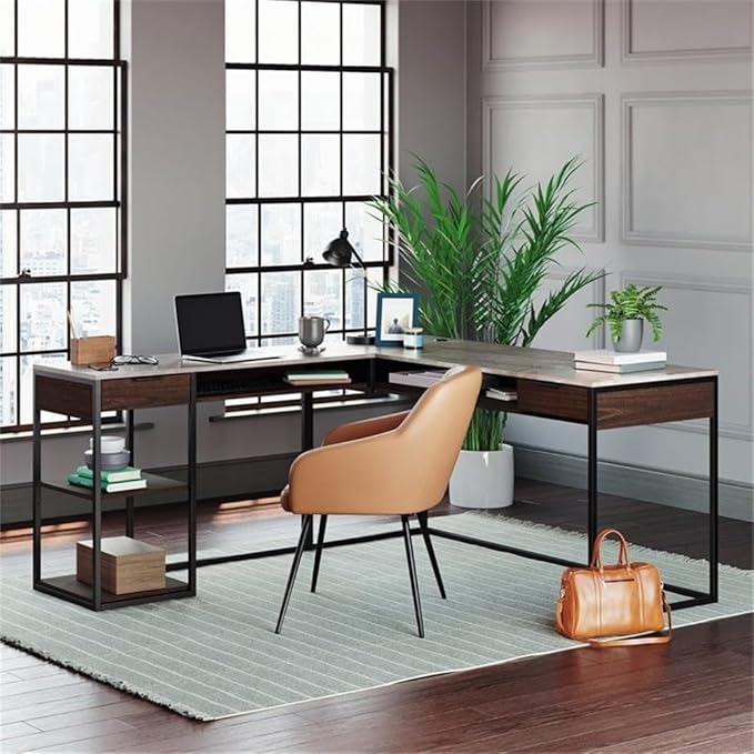 Pemberly Row L-Shaped Engineered Wood Desk Deco Stone Gray Finish 65.98 W x 60 D x 29.72 H Powder Coated Metal Frame Cord Management 2 Drawers Fixed Shelf Cubby Storage Home Office Desk