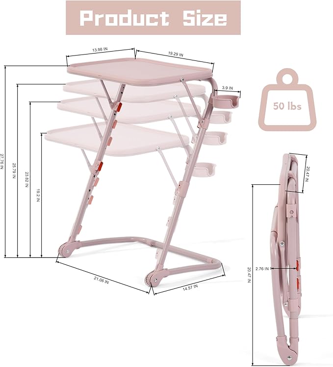 Homy Casa Adjustable Z Shaped Study Desk with Cup Holder Space Saving Portable Laptop Foldable Table for Home Office Living Room &amp Bedroom Sturdy Metal Frame &amp PP Top Black (1PC-Pink)