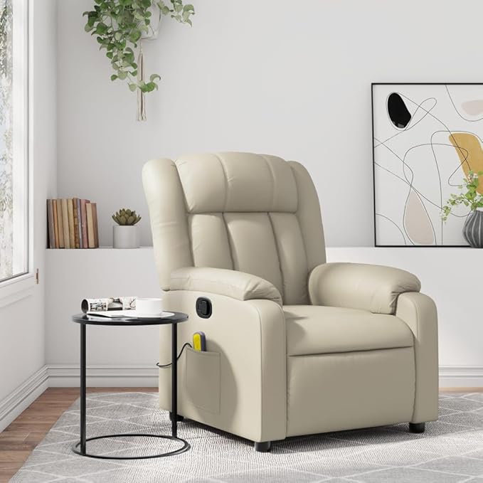 vidaXL Cream Faux Leather Massage Recliner Chair-Ergonomic Manual Reclining Lounge Chair for Elderly-6-point Vibrating Armchair