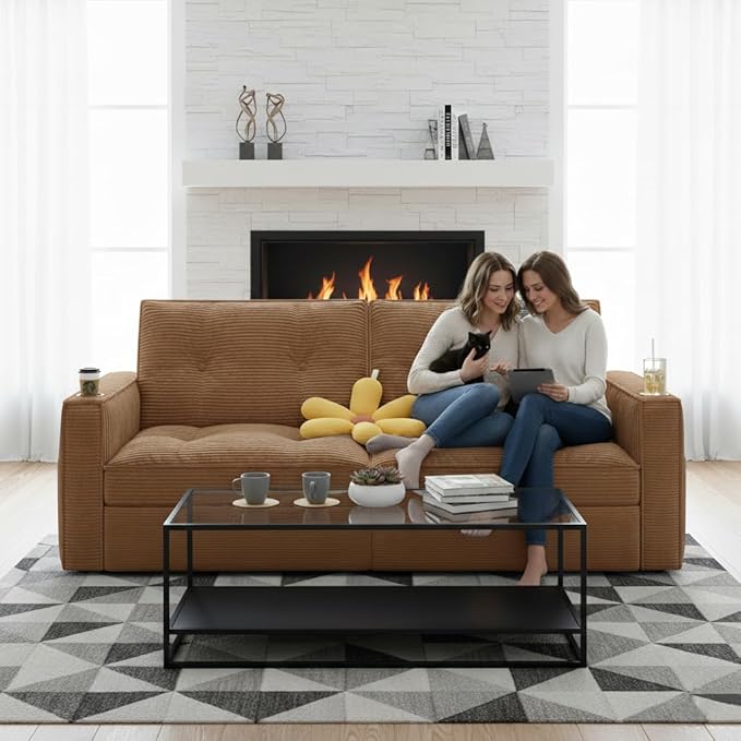 73 Queen Size Sofa Bed Loveseat Sleeper Sofa with Pull Out Bed Pockets and USB Modern 2 Seater Convertible Small Couch for Living Room Bedroom Apartment (Orange Corduroy)