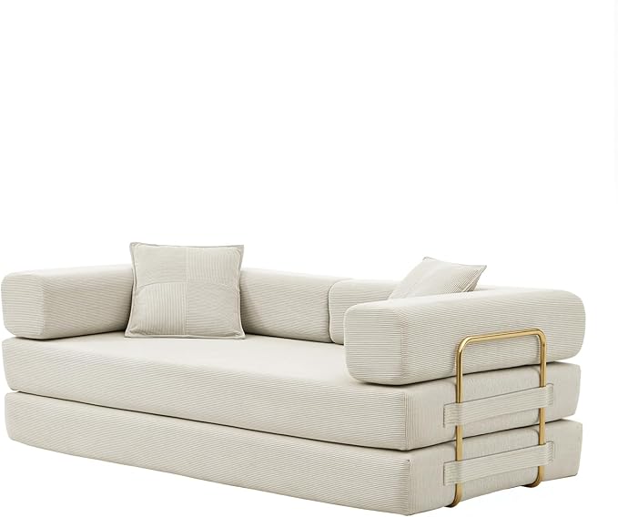 4-in-1 Folding Convertible Sofa Bed 78 Inch Boneless Couch with Fixed-Shape Frame Corduroy Loveseat Sleeper with Pull Out Bed Floor Sofa Modular Futon Couch for Living Room Bedroom Lounge (Beige)