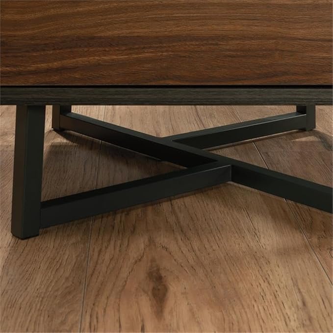Pemberly Row Contemporary L-Shaped Computer Desk Engineered Wood and Metal Brew Oak Finish 57.48 in W 2 Drawers Cubbyhole Storage Cord Management Home Office Workstation
