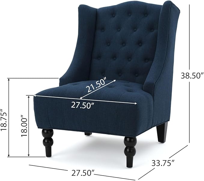 High-Back Velvet Wingback Chair Navy Blue Accent Chair with Button-Tufted Design &amp Birch Wood Legs 27.5”W x 33.75”D Upholstered Club Chair for Living Room Victorian (Linen Navy Blue)