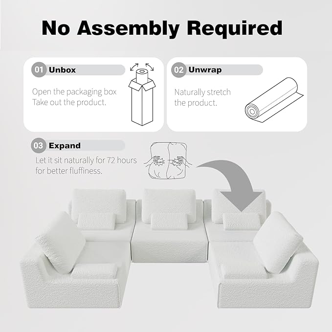 Modular Oversized Boneless Sectional Sofa - Convertible Compressed Couch Set Luxury Deep Foam Seat Free Combination &amp 3 Colors for Living Room (Cream White 2 Seater)