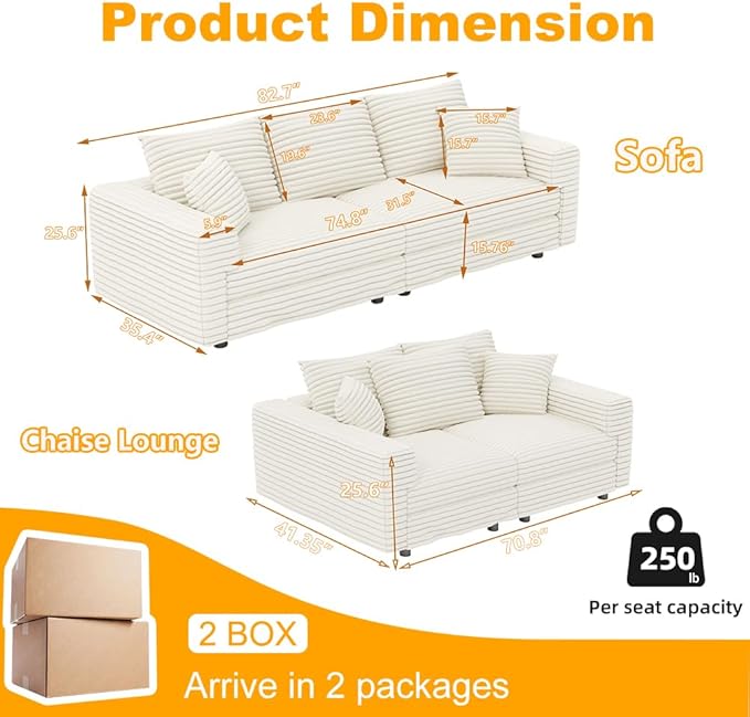 82.7'' Oversized Corduroy Couch Modular Sectional Sofa with 3 Ottomans Sleeper Sofa Bed Full Size Upholstered 3 Deep Seat L Shape Sofa Convertible Cloud Couches for Living Room Beige