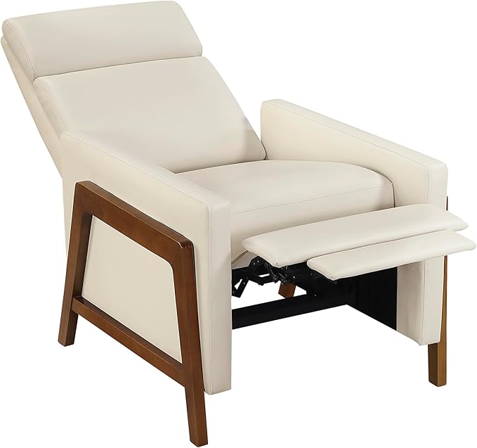 Lexicon Push Back Recliner Chair Faux Leather Upholstered Reclining Chair with Footrest Exposed Dark Brown Finish Wood Frame Small Recliner for Small Space Living Room Bedroom Light Beige