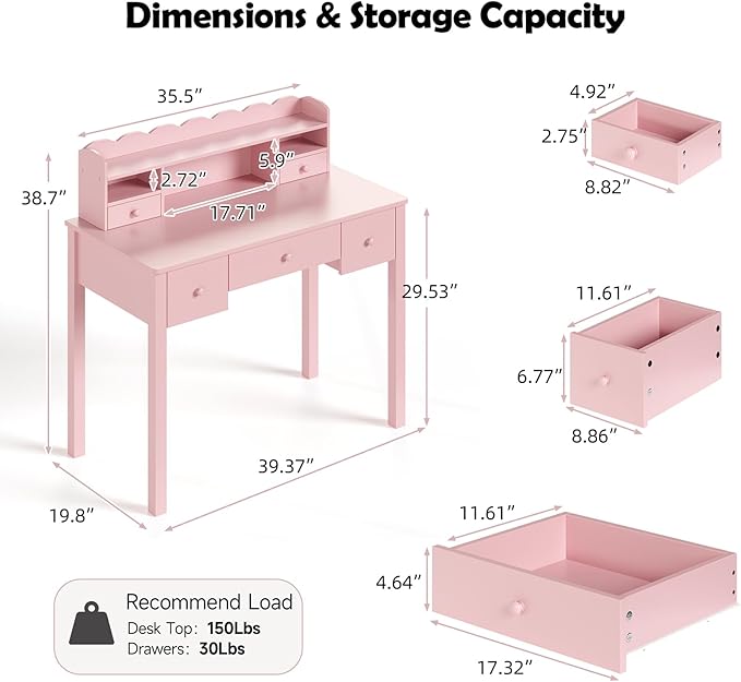 Pink Writing Desk with Hutch &amp 5 Drawers - 40 Inch Modern Computer Workstation for Home Office Teen Desk Small Study Desk Ideal for Gift