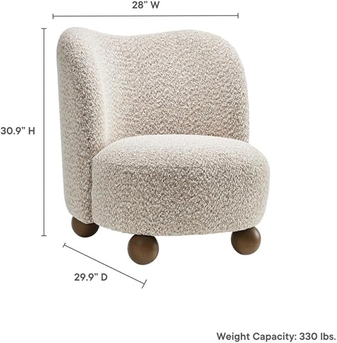Pemberly Row Boucle Upholstered Accent Chair Coral Fabric Walnut Wood Feet Dense Foam Padding Sinuous Spring Support Low-Profile Barrel Design Mid-Century Style for Living Room or Bedroom