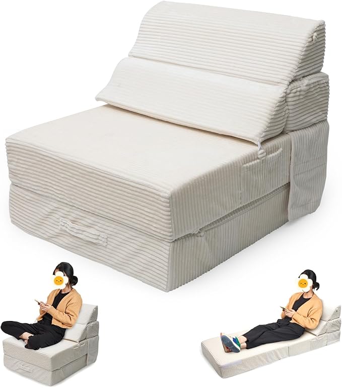 Cozy Folding Sofa Bed Convertible Sleeper Chair Couch Foldable Floor Mattress Comfy Portable Floor Sofa Lounge for Living Room Bedroom(77x26Beige White30D Density Foam) | Breathable Material