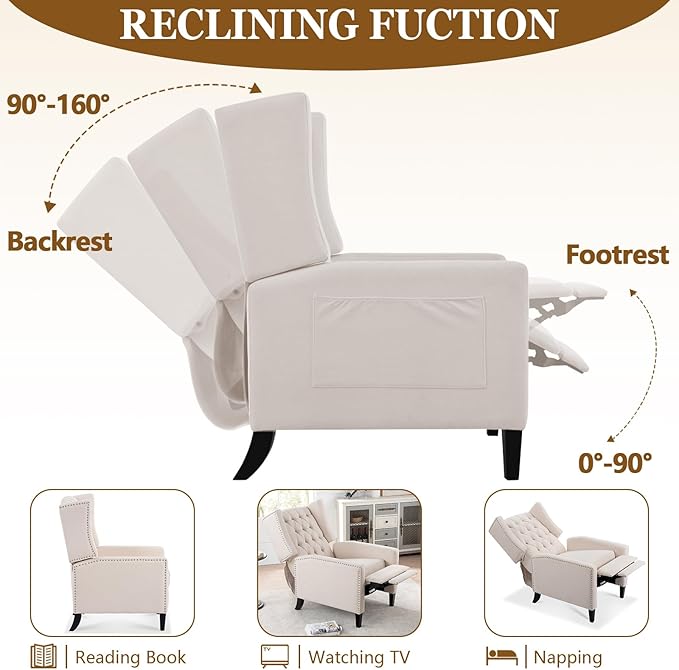 Wingback Recliner Chairs with Foldable Side Table&ampUSB Charging PortsMid Century Accent Single Sofa Small Recliner ChairModern Comfy Pushback Reclining Chair for Living Room (Fabric Beige)