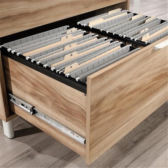 Pemberly Row L-Shape Desk 65 in x 65 in x 30 in Engineered Wood &amp Metal Kiln Acacia Brown Finish 2 Drawers with File Storage Open Shelf Cord Management Modern Home Office Desk