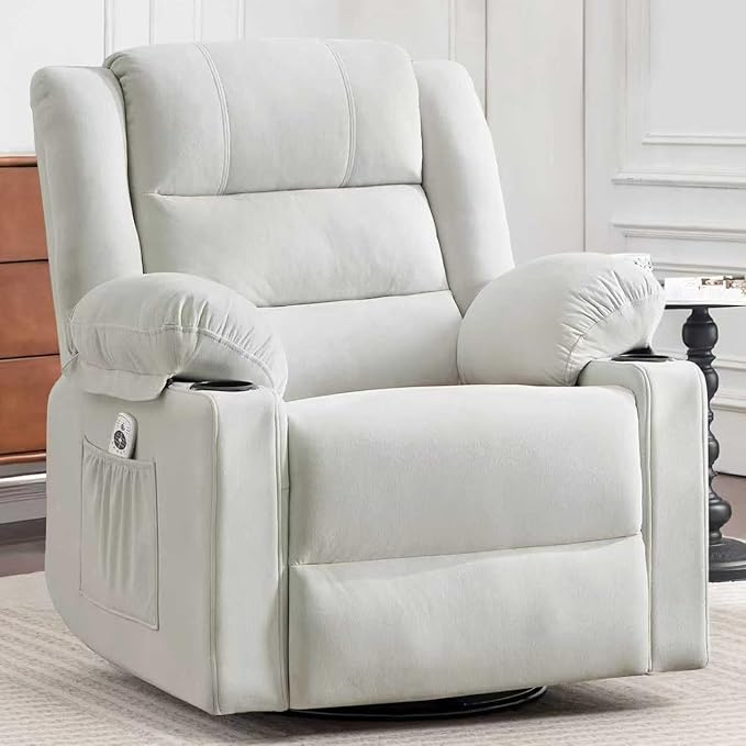 Swivel Rocking Recliner Chair with Massage and HeatOversized Rocker Recliner for Adults Upholstered Fabric Reclining Single Sofa Chair for Living RoomNursery (Beige New)