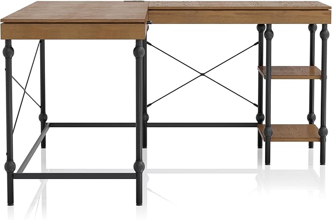 24/7 Shop at Home Monier Farmhouse Metal 2 Shelves Corner Computer Desk with USB Port Power Outlet 1 Drawer for Workstation Home Office Study Room Oak Brown