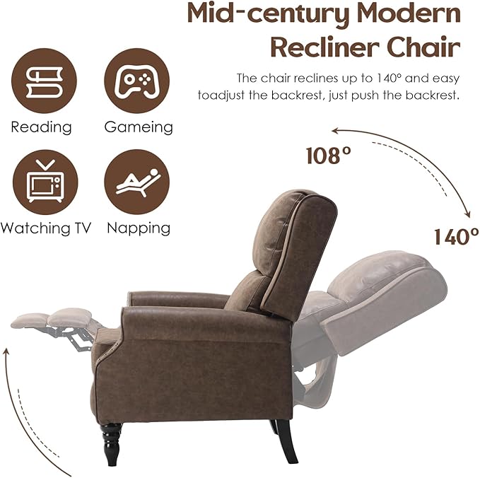 Leather Recliner Chair Pushback Recliner Chair with Adjustable Backrest Footrest Mid-Century Modern Living Room Reclining Chairs with Lumbar Support for Reading Bedroom (Brown)
