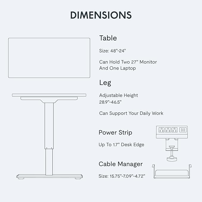 FLEXISPOT EN2 Whole-Piece Standing Desk with Clamp Power Strip 48x24 Electric Stand Up Height Adjustable Desk with Cable Management (White Frame + 48 White Top)