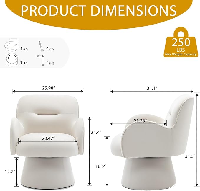 Swivel Chair with Armrest Modern Velvet Barrel Chairs with Curve Back Soft Cushion Comfy Accent Round Armchair Single Sofa for Living Room Bedroom White