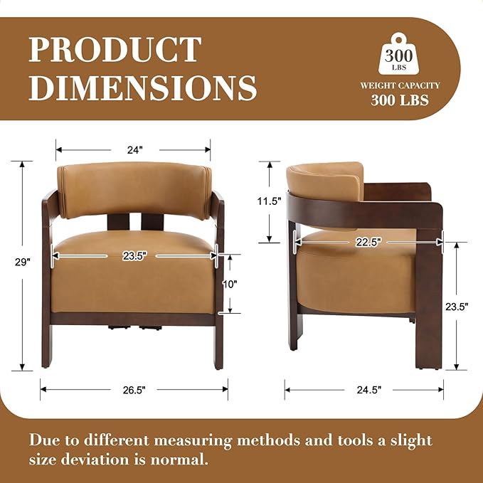 Modern Accent Chair Set of 2 Upholstered Guest Chair Barrel Chairs PU Leather Side Chair with Wooden Legs Armrest for Living Room Bedroom Brown