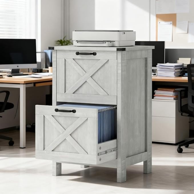 2 Drawer File Cabinet with Lock - Farmhouse Small Filing Cabinet Under Desk Storage Organizer with Locking Drawers for Home OfficeLightGray