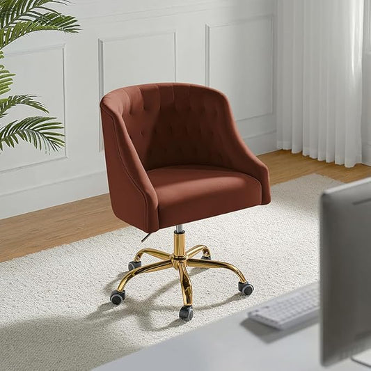 Velvet Office Chair with Gold Base Modern Cute Desk Chair Comfortable Adjustable Swivel Task Chair for Home Office Living Room Bedroom Vanity Study Burn Brick