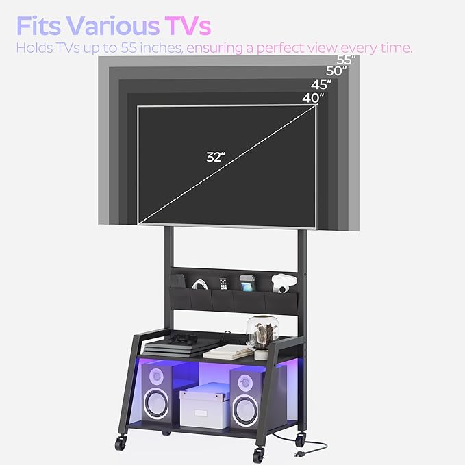 Rolling TV Stand with Power Outlet Mobile TV Stand with LED Light Up to 55 TVs TV Cart with Mount 5 Oxford Fabric Pouches for Living Room Meeting Room Black DS01UDBB